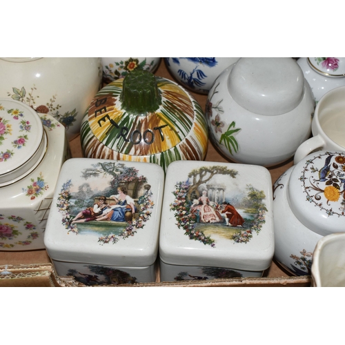 572 - THREE BOXES OF CERAMICS, to include Hornsea Fauna vases, a collection of ginger jars including Royal... 