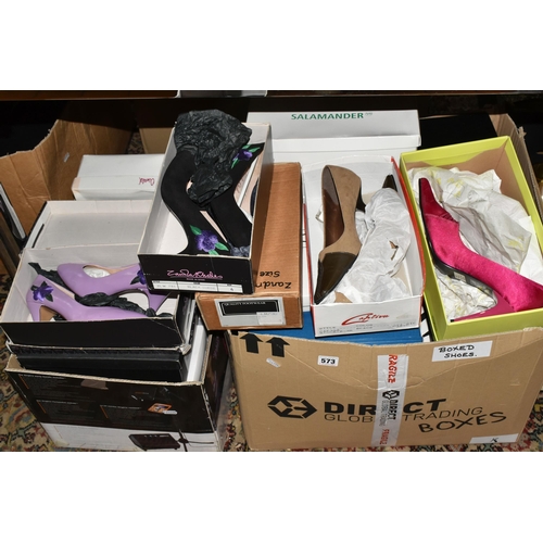 573 - THREE BOXES AND LOOSE BOXED LADIES' SHOES AND BOOTS, brands to include Zandra Rhodes, Oswald, Kitty ... 