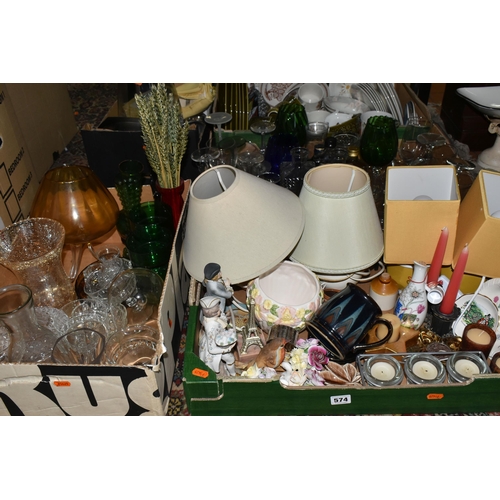 574 - SIX BOXES OF CERAMICS, GLASS, TABLE LAMPS AND SUNDRY ITEMS, to include a glass dome, height 17cm x d... 