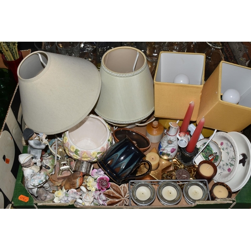 574 - SIX BOXES OF CERAMICS, GLASS, TABLE LAMPS AND SUNDRY ITEMS, to include a glass dome, height 17cm x d... 