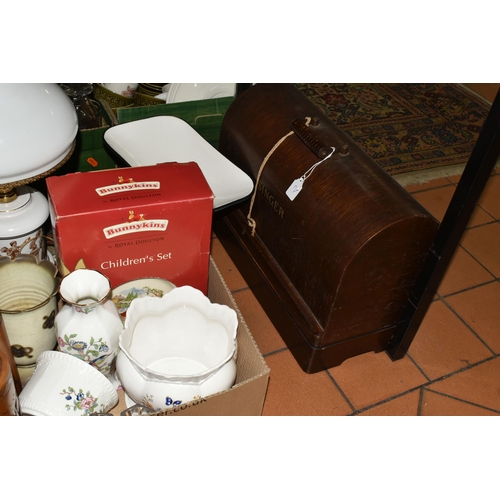 576 - TWO BOXES AND LOOSE SEWING MACHINE, CERAMICS, CONERTINA AND SUNDRY ITEMS, to include a boxed Royal D... 