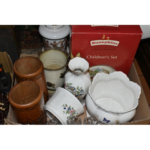 576 - TWO BOXES AND LOOSE SEWING MACHINE, CERAMICS, CONERTINA AND SUNDRY ITEMS, to include a boxed Royal D... 