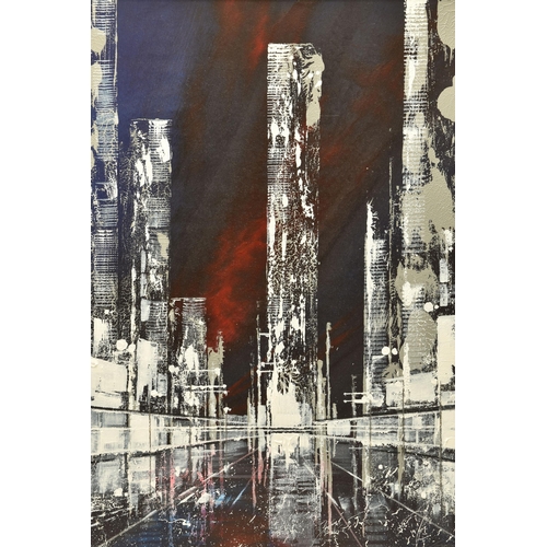 306 - JOHNATHAN SHAW (BRITISH 1959) 'ABSTRACT CITY III', an night-time cityscape with skyscrapers, signed ... 