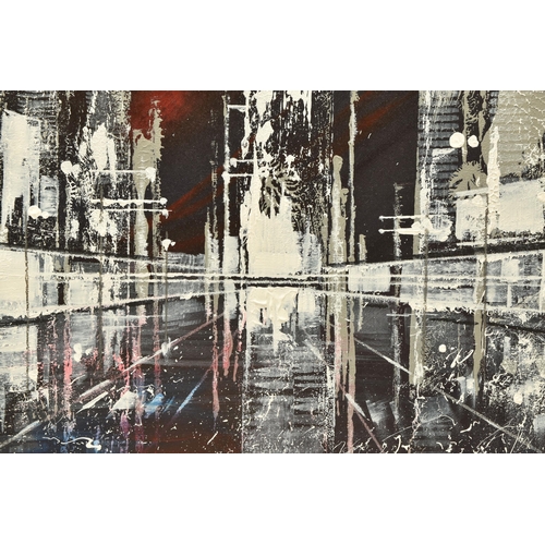 306 - JOHNATHAN SHAW (BRITISH 1959) 'ABSTRACT CITY III', an night-time cityscape with skyscrapers, signed ... 