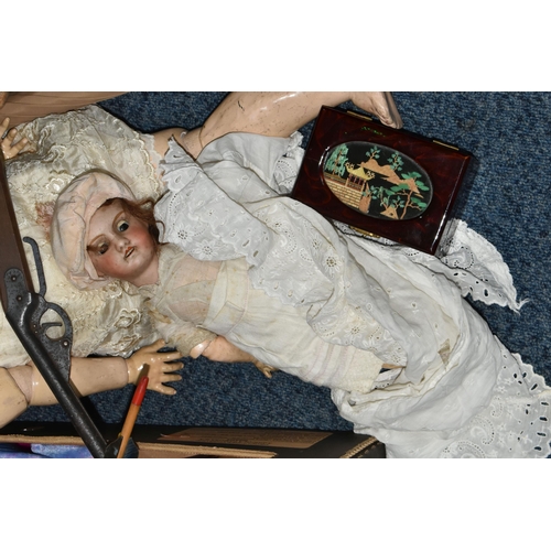 548 - ONE BOX OF VINTAGE DOLLS AND TOYS, to include a German Armand Marseilles porcelain doll, model 390 w... 