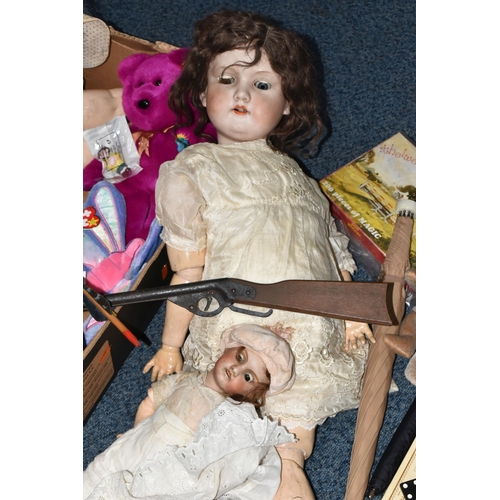 548 - ONE BOX OF VINTAGE DOLLS AND TOYS, to include a German Armand Marseilles porcelain doll, model 390 w... 