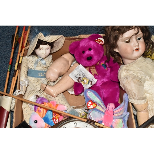 548 - ONE BOX OF VINTAGE DOLLS AND TOYS, to include a German Armand Marseilles porcelain doll, model 390 w... 