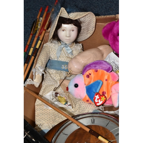 548 - ONE BOX OF VINTAGE DOLLS AND TOYS, to include a German Armand Marseilles porcelain doll, model 390 w... 