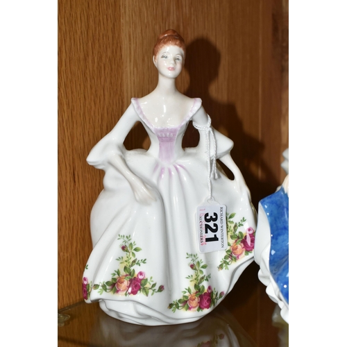 321 - FIVE ROYAL DOULTON FIGURINES, comprising Country Rose HN3221, Shirley HN2702, Kay HN3340, Pretty Lad... 