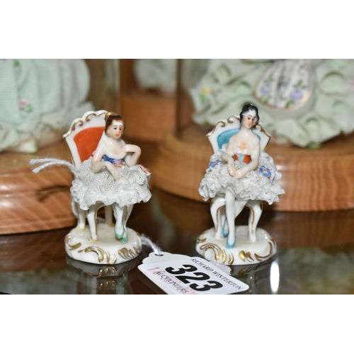 323 - THREE MZ IRISH DRESDEN FIGURES AND TWO SIMILAR MINIATURE FIGURES, the MZ 'Celtic Melodies, Emerald C... 