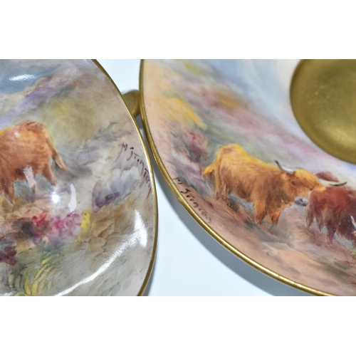 325 - A ROYAL WORCESTER TEACUP AND SAUCER BY HARRY STINTON, painted with Highland cattle in a Lochside set... 