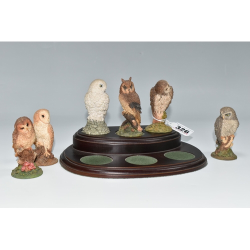 326 - A SET OF SIX ROYAL DOULTON OWL FIGURES, with wooden display stand, the resin owls approximately 8cm ... 