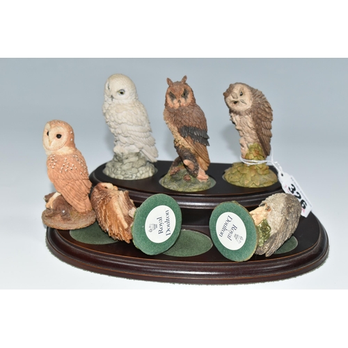 326 - A SET OF SIX ROYAL DOULTON OWL FIGURES, with wooden display stand, the resin owls approximately 8cm ... 