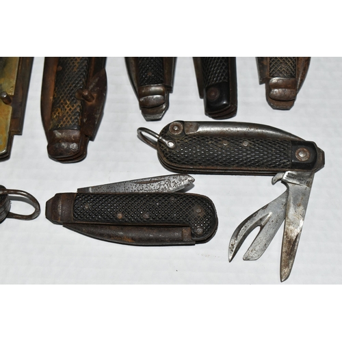 332 - A TIN OF POCKET KNIVES, nine examples, most with textured handles, longest handle 12.5cm, FOR SALE T... 