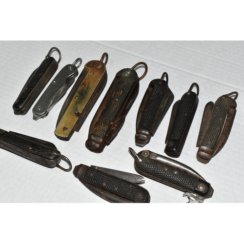 332 - A TIN OF POCKET KNIVES, nine examples, most with textured handles, longest handle 12.5cm, FOR SALE T... 