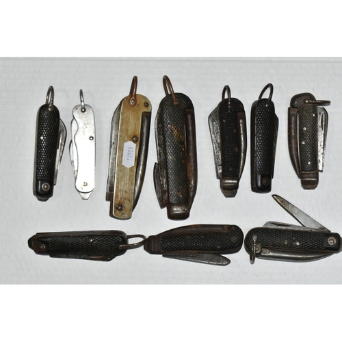 332 - A TIN OF POCKET KNIVES, nine examples, most with textured handles, longest handle 12.5cm, FOR SALE T... 