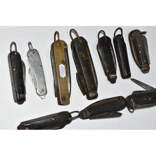 332 - A TIN OF POCKET KNIVES, nine examples, most with textured handles, longest handle 12.5cm, FOR SALE T... 