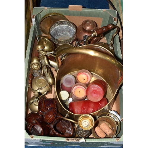 350 - A BOX OF BRASSWARE AND LOOSE PAINTINGS ETC to include a quantity of brass wares to include a teapot,... 