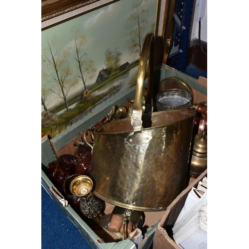 350 - A BOX OF BRASSWARE AND LOOSE PAINTINGS ETC to include a quantity of brass wares to include a teapot,... 