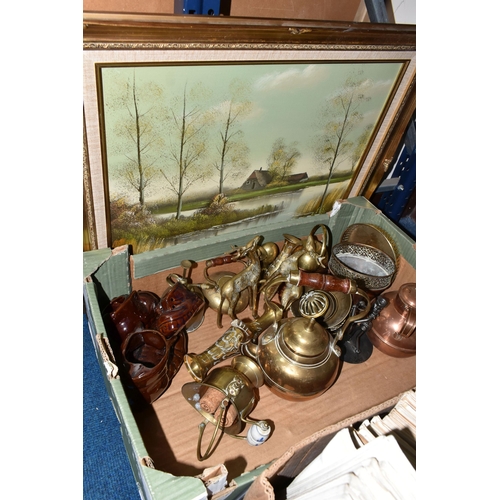 350 - A BOX OF BRASSWARE AND LOOSE PAINTINGS ETC to include a quantity of brass wares to include a teapot,... 