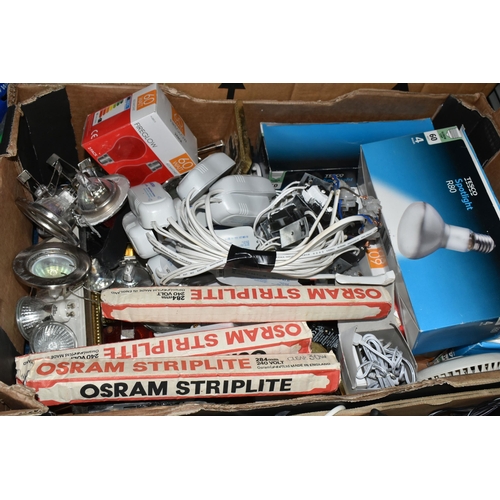 352 - FOUR BOXES AND LOOSE MIXED LIGHTING AND ELECTRONIC SUPPLIES to include a large quantity of mixed int... 