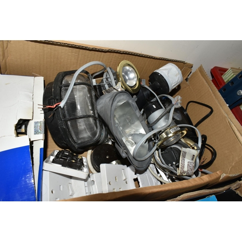 352 - FOUR BOXES AND LOOSE MIXED LIGHTING AND ELECTRONIC SUPPLIES to include a large quantity of mixed int... 