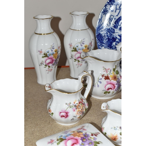 358 - A GROUP OF ROYAL CROWN DERBY 'DERBY POSIES' ORNAMENTAL WARES, comprising a pair of vases, six milk j... 