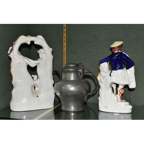 368 - A GROUP OF STAFFORDSHIRE FLATBACK FIGURES AND A PEWTER ALE JUG, the pewter ale jug is engraved 'H. J... 