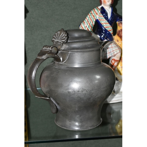 368 - A GROUP OF STAFFORDSHIRE FLATBACK FIGURES AND A PEWTER ALE JUG, the pewter ale jug is engraved 'H. J... 