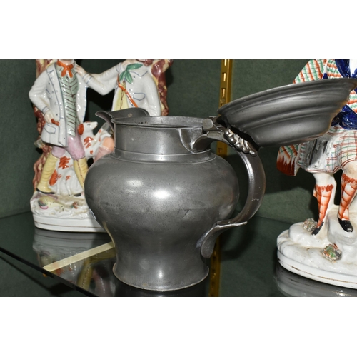 368 - A GROUP OF STAFFORDSHIRE FLATBACK FIGURES AND A PEWTER ALE JUG, the pewter ale jug is engraved 'H. J... 