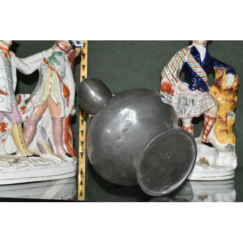 368 - A GROUP OF STAFFORDSHIRE FLATBACK FIGURES AND A PEWTER ALE JUG, the pewter ale jug is engraved 'H. J... 