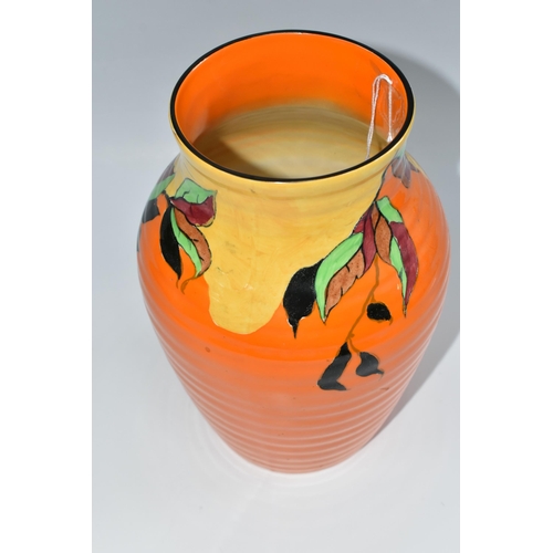 371 - A CLARICE CLIFF 'INDIAN SUMMER' PATTERN ISIS VASE, the baluster vase painted with flowers and leaves... 