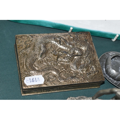 376 - A GROUP OF METALWARE AND AN ITALIAN CERAMIC DISH, comprising an A E Chanal pewter double salt cellar... 