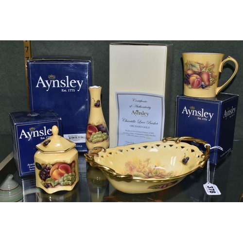 378 - FOUR BOXED PIECES OF AYNSLEY 'ORCHARD GOLD' GIFTWARE, comprising a limited edition Chantille Lace ba... 