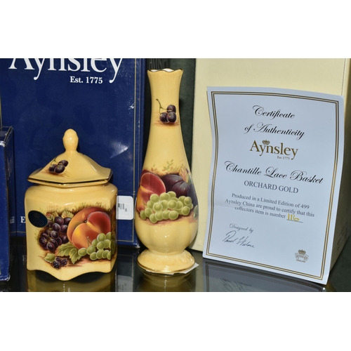 378 - FOUR BOXED PIECES OF AYNSLEY 'ORCHARD GOLD' GIFTWARE, comprising a limited edition Chantille Lace ba... 