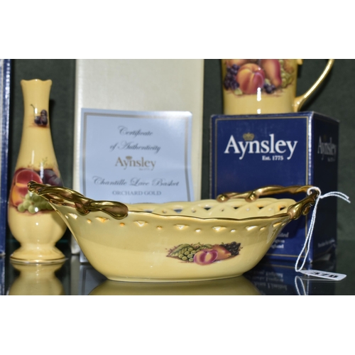 378 - FOUR BOXED PIECES OF AYNSLEY 'ORCHARD GOLD' GIFTWARE, comprising a limited edition Chantille Lace ba... 