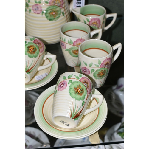 381 - A FIFTEEN PIECE CLARICE CLIFF 'COROLLA' PATTERN COFFEE SET, for Wilkinsons Ltd, in the Lynton shape,... 