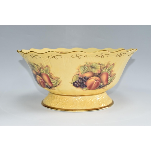 385 - A BOXED AYNSLEY ORCHARD GOLD FRUIT BOWL, in the Derwent shape with foot and wavy rim, diameter 32cm ... 