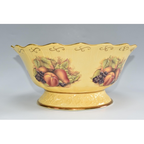 385 - A BOXED AYNSLEY ORCHARD GOLD FRUIT BOWL, in the Derwent shape with foot and wavy rim, diameter 32cm ... 