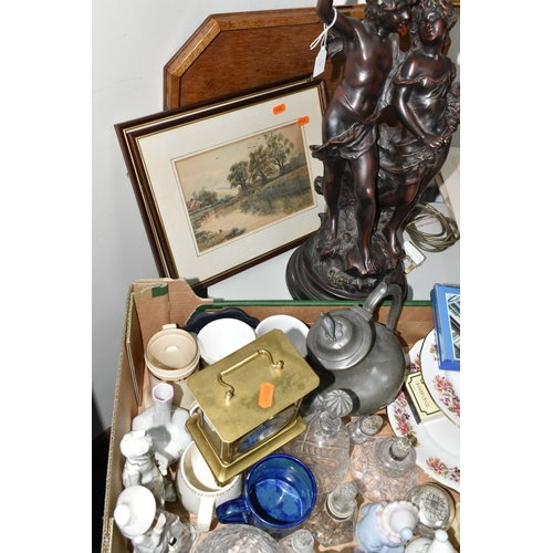 389 - ONE BOX AND LOOSE MISCELLANEOUS ITEMS comprising a group of royal memorabilia, a brass Seth Thomas c... 