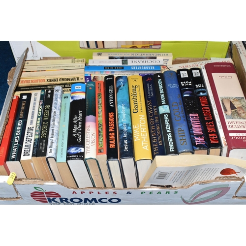 393 - THREE BOXES OF ASSORTED MODERN BOOKS, assorted fiction and non-fiction etc., majority appear in good... 