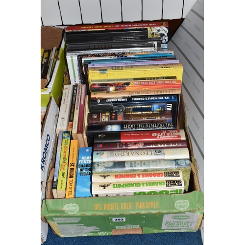 393 - THREE BOXES OF ASSORTED MODERN BOOKS, assorted fiction and non-fiction etc., majority appear in good... 