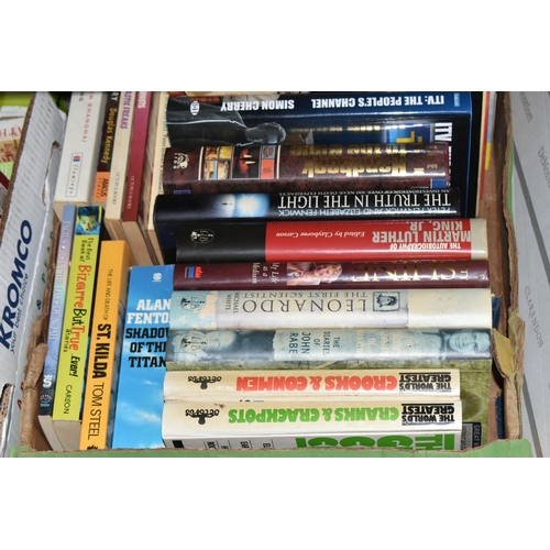 393 - THREE BOXES OF ASSORTED MODERN BOOKS, assorted fiction and non-fiction etc., majority appear in good... 