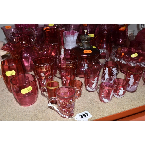 397 - A COLLECTION OF CRANBERRY GLASS to include six etched wine glasses, a quantity of Mary Gregory style... 