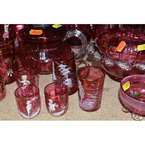 397 - A COLLECTION OF CRANBERRY GLASS to include six etched wine glasses, a quantity of Mary Gregory style... 