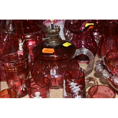 397 - A COLLECTION OF CRANBERRY GLASS to include six etched wine glasses, a quantity of Mary Gregory style... 