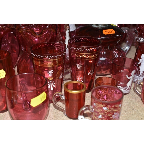 397 - A COLLECTION OF CRANBERRY GLASS to include six etched wine glasses, a quantity of Mary Gregory style... 