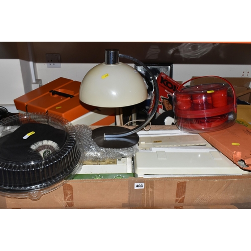 403 - TWO BOXES AND LOOSE MISCELLANEOUS ITEMS to include a boxed Passap Colour Knitted machine and legs, t... 