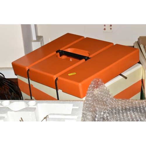 403 - TWO BOXES AND LOOSE MISCELLANEOUS ITEMS to include a boxed Passap Colour Knitted machine and legs, t... 