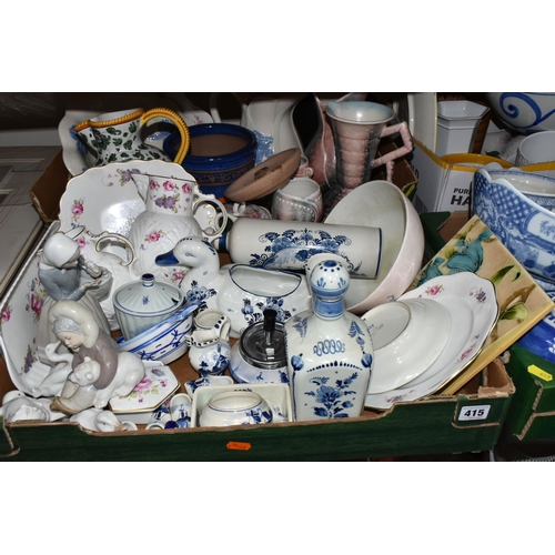 415 - FOUR BOXES OF MOSTLY BLUE AND WHITE CERAMICS to include a group of Delft ceramics comprising souveni... 